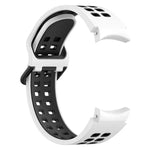 Breathable silicone watch band for Galaxy Watch 4 Classic in black and white design, highlighting its comfortable fit.