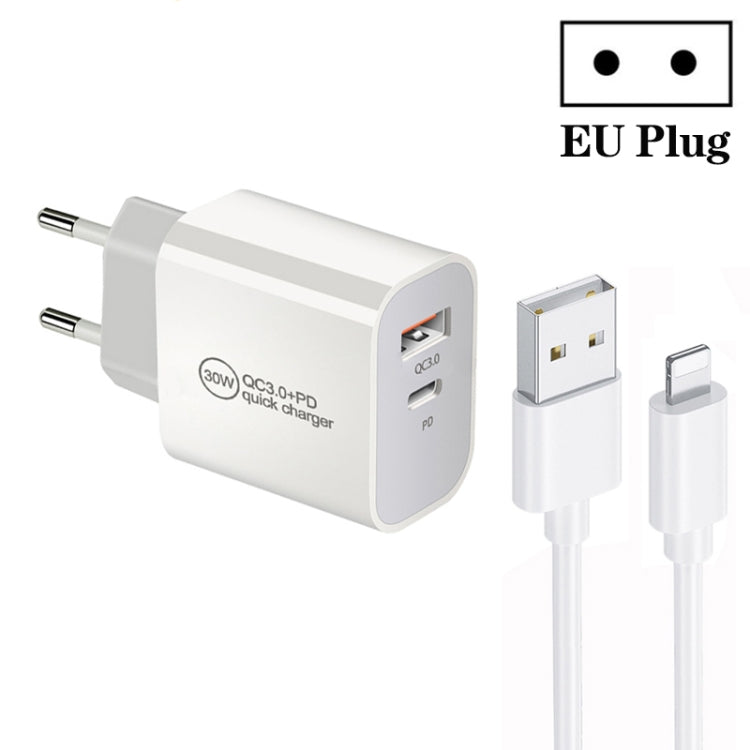 PD30W USB-C / 타입-C + QC3.0 USB 듀얼 포트 충전기 1m USB to 8핀 데이터 케이블 포함, EU 플러그, US 플러그, AU 플러그