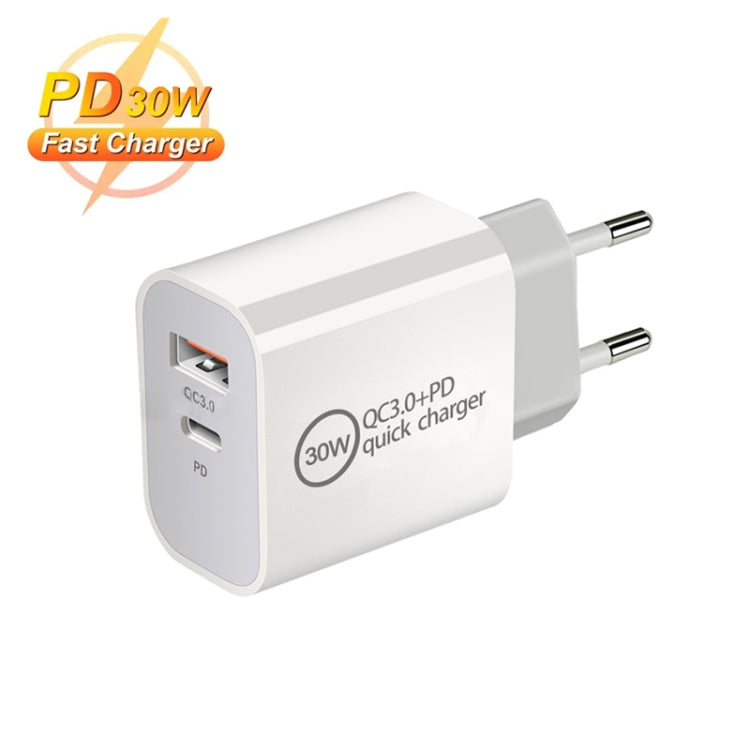 PD30W USB-C / 타입-C + QC3.0 USB 듀얼 포트 충전기 1m USB to 8핀 데이터 케이블 포함, EU 플러그, US 플러그, AU 플러그