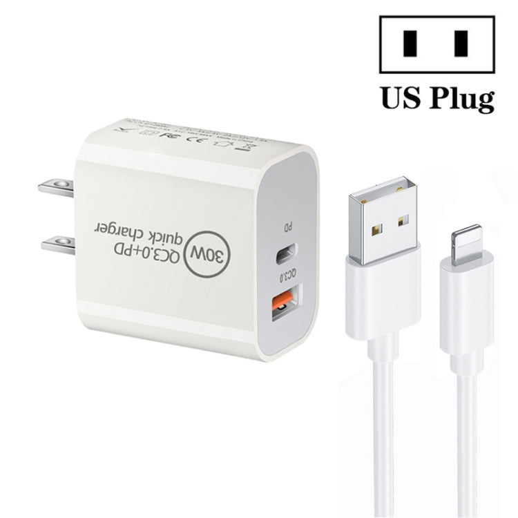 PD30W USB-C / 타입-C + QC3.0 USB 듀얼 포트 충전기 1m USB to 8핀 데이터 케이블 포함, EU 플러그, US 플러그, AU 플러그