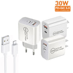 PD30W USB-C / 타입-C + QC3.0 USB 듀얼 포트 충전기 1m USB to 8핀 데이터 케이블 포함, EU 플러그, US 플러그, AU 플러그