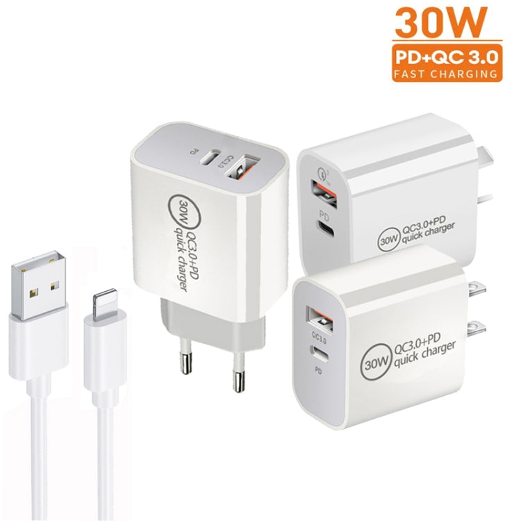 PD30W USB-C / 타입-C + QC3.0 USB 듀얼 포트 충전기 1m USB to 8핀 데이터 케이블 포함, EU 플러그, US 플러그, AU 플러그