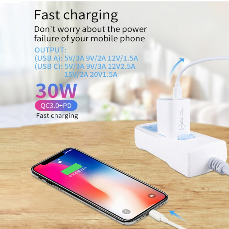 PD30W USB-C / 타입-C + QC3.0 USB 듀얼 포트 충전기 1m USB to 8핀 데이터 케이블 포함, EU 플러그, US 플러그, AU 플러그