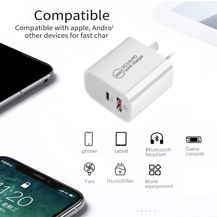 PD30W USB-C / 타입-C + QC3.0 USB 듀얼 포트 충전기 1m USB to 8핀 데이터 케이블 포함, EU 플러그, US 플러그, AU 플러그