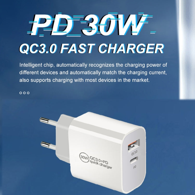 PD30W USB-C / 타입-C + QC3.0 USB 듀얼 포트 충전기 1m USB to 8핀 데이터 케이블 포함, EU 플러그, US 플러그, AU 플러그