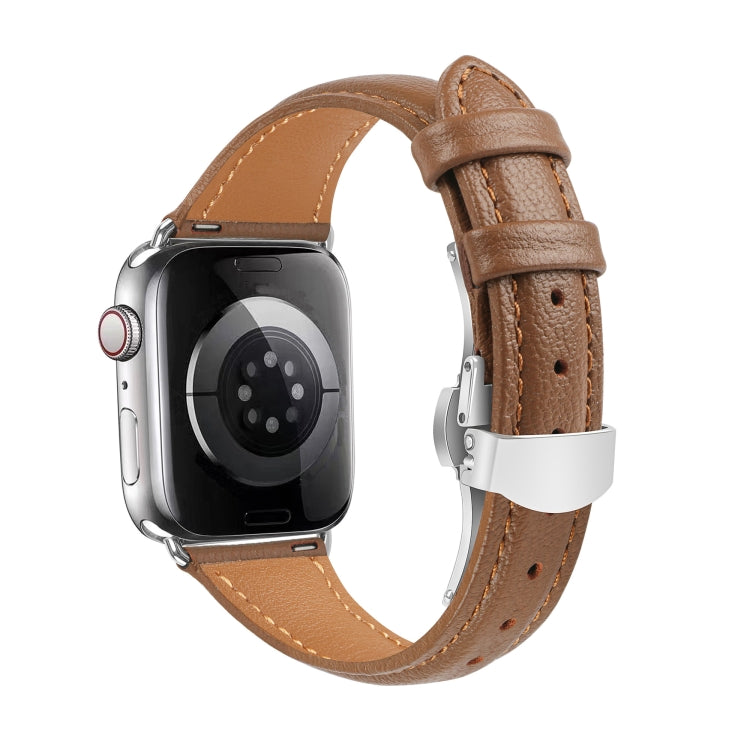 무늬 없는 가죽 나비 버클 시계 밴드, Apple Watch SE 2023 44mm용, Apple Watch SE 2023 40mm용, Apple Watch Ultra 2 49mm용, Apple Watch 시리즈 9 45mm용