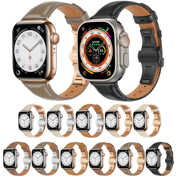 무늬 없는 가죽 나비 버클 시계 밴드, Apple Watch SE 2023 44mm용, Apple Watch SE 2023 40mm용, Apple Watch Ultra 2 49mm용, Apple Watch 시리즈 9 45mm용