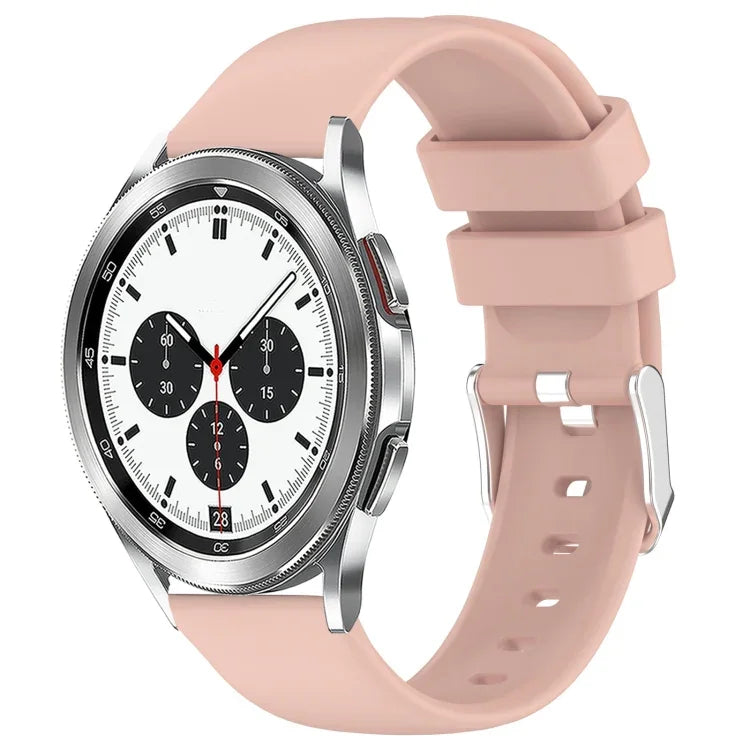 20mm silicone watch band for Samsung Galaxy Watch in light pink color with a classic silver watch face.