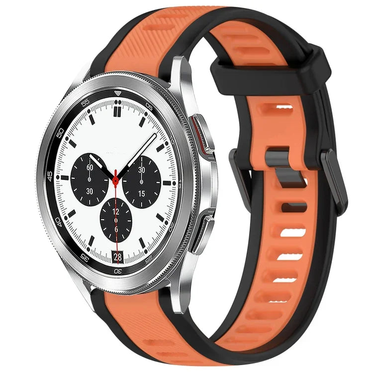 20mm two color silicone watch band for Galaxy Watch in black and orange on Samsung Galaxy Watch 4 Classic.