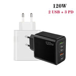 120W 3 PD 타입-C 듀얼 USB 다중 포트 휴대폰 충전기, EU 플러그, EU 플러그