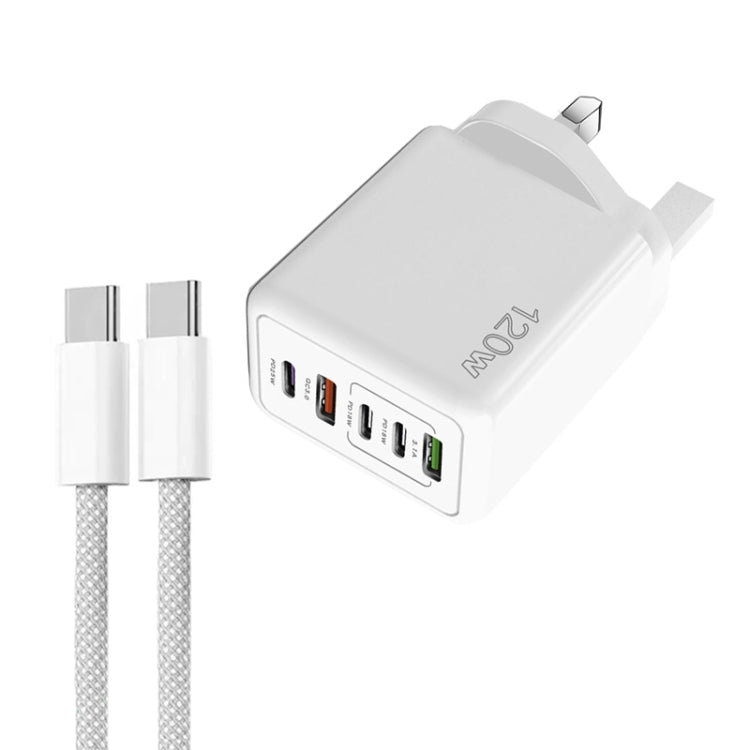 120W PD3.0 3개 Type-C 2개 USB 멀티 포트 고속 충전기, Type-C to Type-C 케이블 포함, 영국 플러그, 영국 플러그 + C to C 케이블