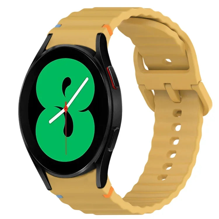 Wavy grain stitched silicone watch band for Samsung Galaxy Watch 4 in yellow color with quick release design.