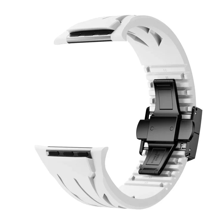 테일러 스테인리스 스틸 블랙 나비 버클 실리콘 시계 밴드, 애플 워치 44mm / 45mm / 46mm / 49mm용