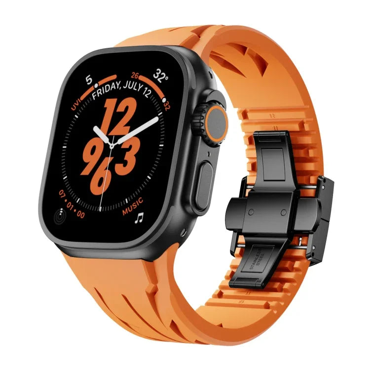 테일러 스테인리스 스틸 블랙 나비 버클 실리콘 시계 밴드, 애플 워치 44mm / 45mm / 46mm / 49mm용