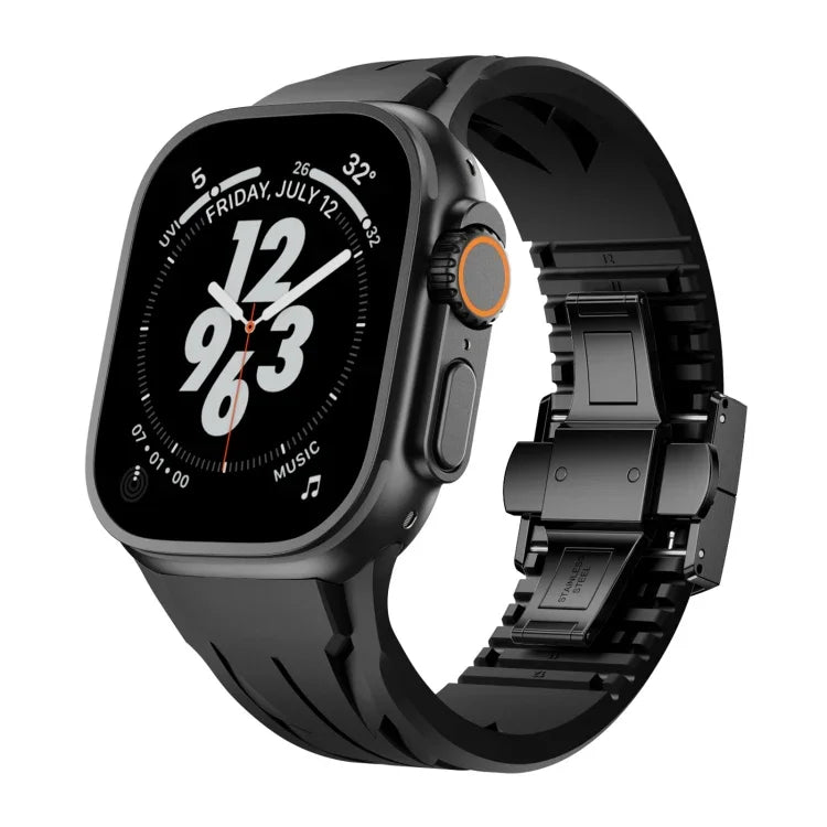 테일러 스테인리스 스틸 블랙 나비 버클 실리콘 시계 밴드, 애플 워치 44mm / 45mm / 46mm / 49mm용