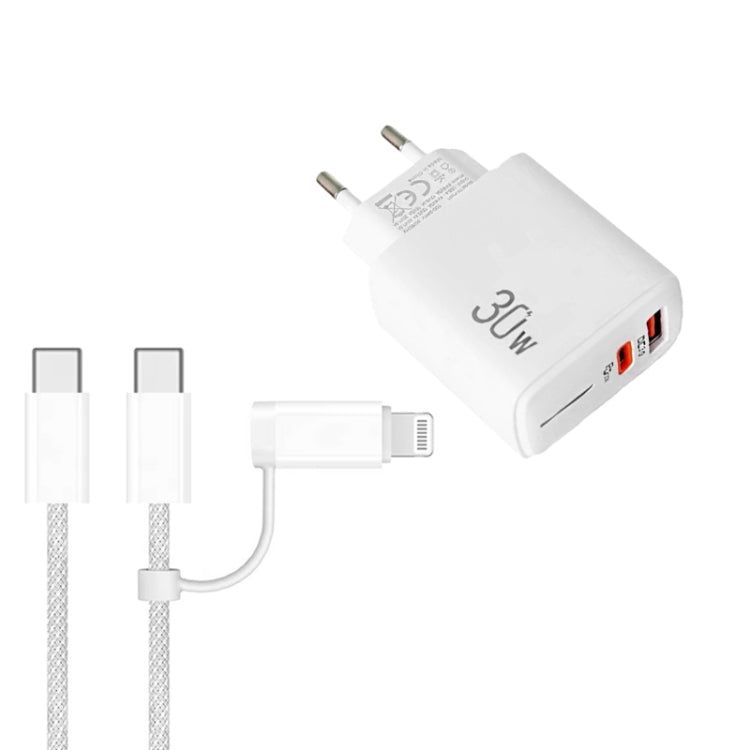 PD31 30W USB-C / Type-C + USB-A Charger with Type-C+8 Pin 2-in-1 Data Cable, EU Plug, EU Plug +  2-in-1 Data Cable