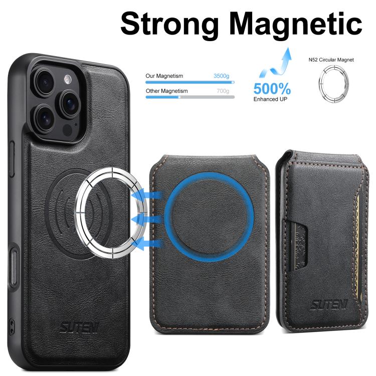 Suteni M3 카드 가방 MagSafe 소가죽 질감 가죽 휴대폰 케이스, 아이폰 13 프로 맥스용, 아이폰 13 프로용, 아이폰 13용, 아이폰 12용, 아이폰 12 프로 맥스용, 아이폰 12 프로용