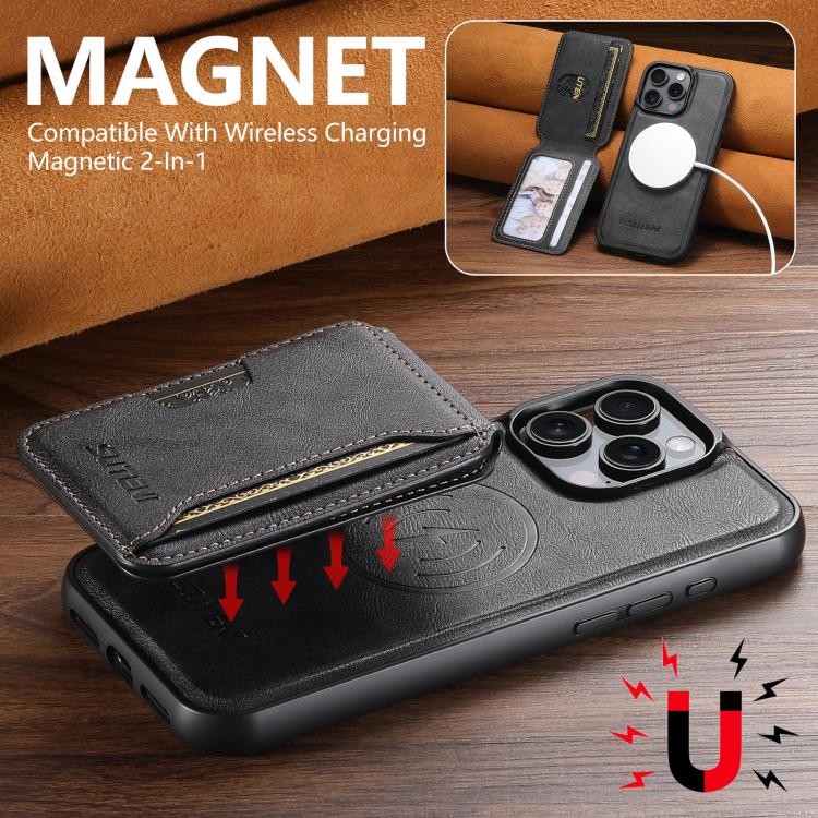 Suteni M3 카드 가방 MagSafe 소가죽 질감 가죽 휴대폰 케이스, 아이폰 13 프로 맥스용, 아이폰 13 프로용, 아이폰 13용, 아이폰 12용, 아이폰 12 프로 맥스용, 아이폰 12 프로용