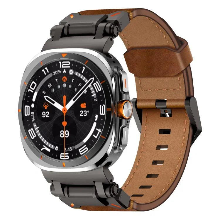 Explorer Stainless Steel Head Leather Watch Band, For Samsung Galaxy Watch Ultra 47mm / Ultra 2025