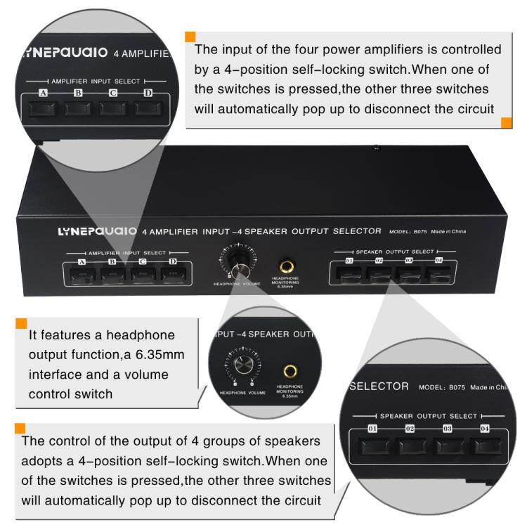 B075 4 입력 4 출력 파워 앰프 스피커 선택기 스위처, 채널당 300W 음질 무손실, B075