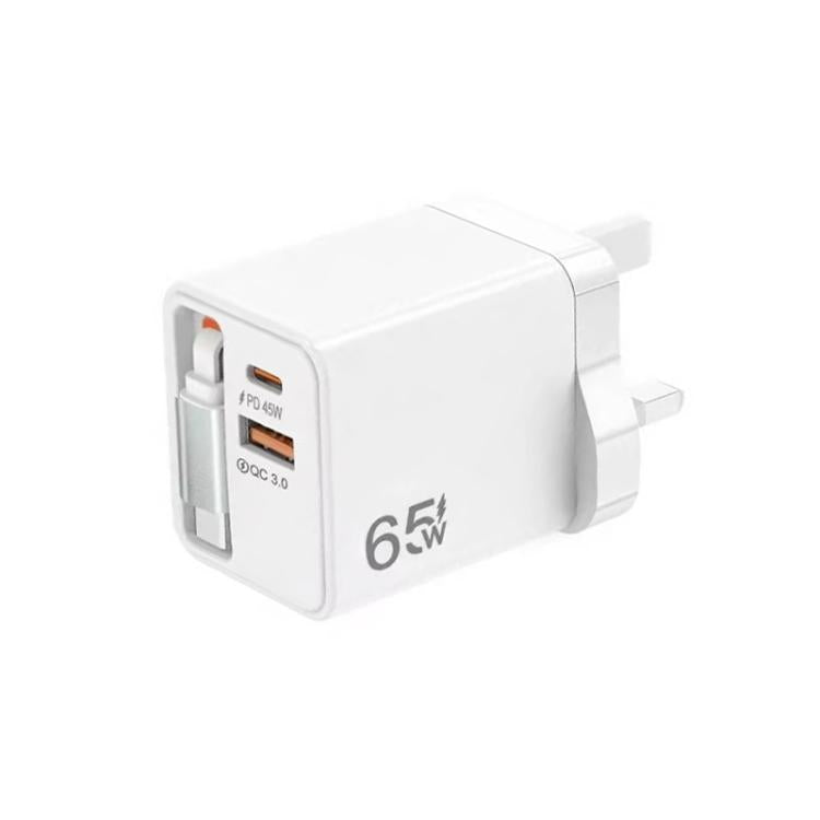 FC1 3-in-1 70cm 자동 감김 타입-C 케이블, PD3.0, QC3.0 USB 휴대폰 충전기, UK 플러그