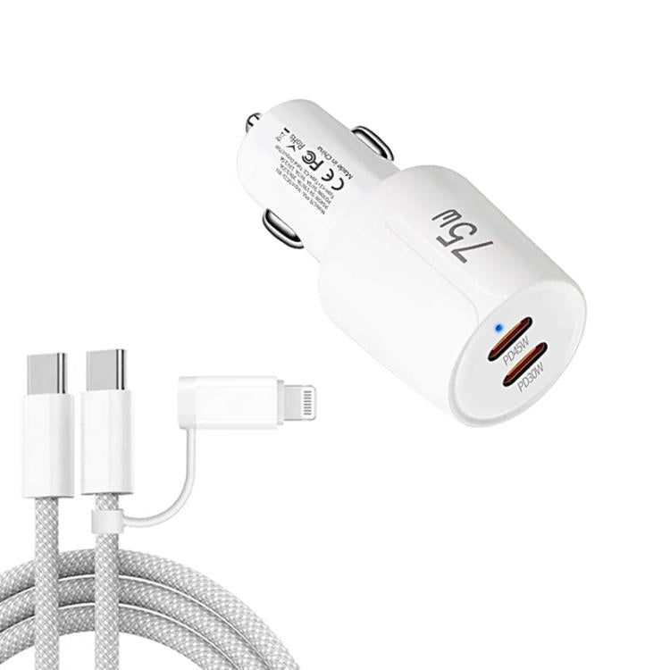 TE-P66 75W Type-C x 2 듀얼 포트 고속 충전 차량용 충전기, Type-C to Type-C / 8핀 데이터 케이블 포함, TE-P66 케이블 포함
