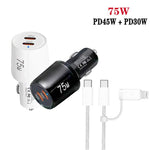 TE-P66 75W Type-C x 2 듀얼 포트 고속 충전 차량용 충전기, Type-C to Type-C / 8핀 데이터 케이블 포함, TE-P66 케이블 포함