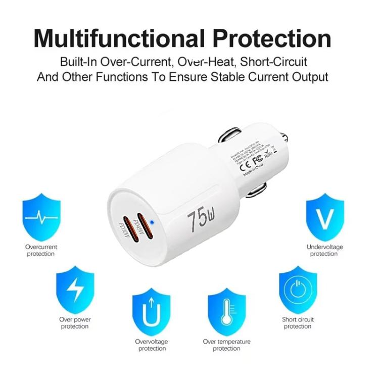 TE-P66 75W Type-C x 2 듀얼 포트 고속 충전 차량용 충전기, Type-C to Type-C / 8핀 데이터 케이블 포함, TE-P66 케이블 포함