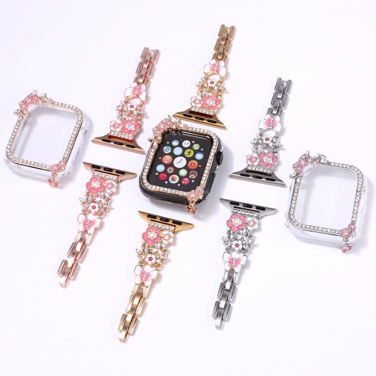 태슬 플라워 단일 다이아몬드 홀로우 시계 케이스 밴드 키트, Apple Watch 시리즈 6 / 5 / 4 & SE 44mm용, Apple Watch 시리즈 6 / 5 / 4 & SE 40mm용, Apple Watch 시리즈 10 / 11 46mm용, Apple Watch 시리즈 10 / 11 42mm용