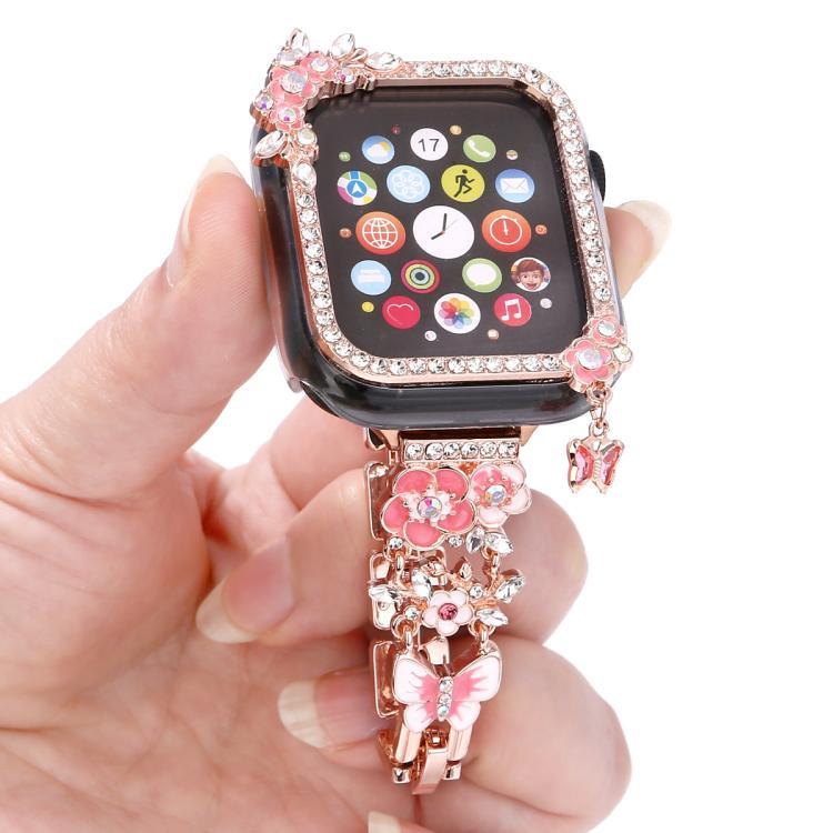 태슬 플라워 단일 다이아몬드 홀로우 시계 케이스 밴드 키트, Apple Watch 시리즈 6 / 5 / 4 & SE 44mm용, Apple Watch 시리즈 6 / 5 / 4 & SE 40mm용, Apple Watch 시리즈 10 / 11 46mm용, Apple Watch 시리즈 10 / 11 42mm용