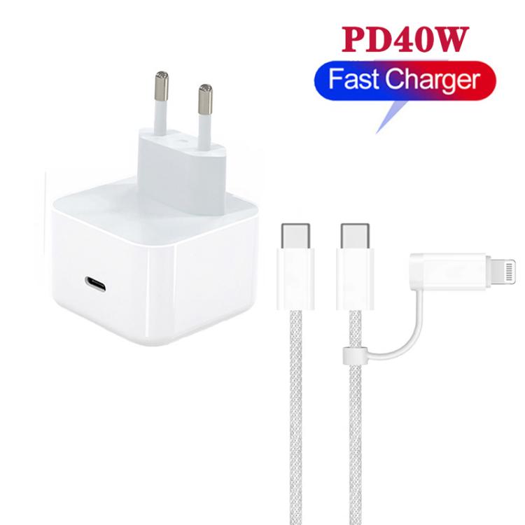 A3365 PD40W USB-C / 타입-C 충전기 및 타입-C to 타입-C / 8핀 데이터 케이블, 유럽 플러그, 유럽 플러그 + 1m 2-in-1 케이블