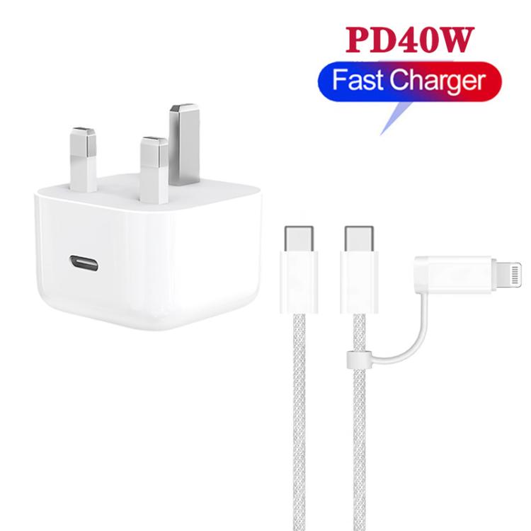 A3365 PD40W USB-C / 타입-C 충전기 및 타입-C to 타입-C / 8핀 데이터 케이블, 영국 플러그, 영국 플러그 + 1m 2-in-1 케이블