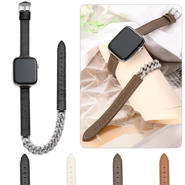 다이아몬드 장식 팔찌 천연 가죽 시계 밴드, 애플 워치 46mm / 49mm / 45mm / 44mm용, 애플 워치 42mm / 41mm / 40mm / 38mm용