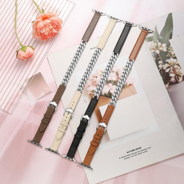 다이아몬드 장식 팔찌 천연 가죽 시계 밴드, 애플 워치 46mm / 49mm / 45mm / 44mm용, 애플 워치 42mm / 41mm / 40mm / 38mm용
