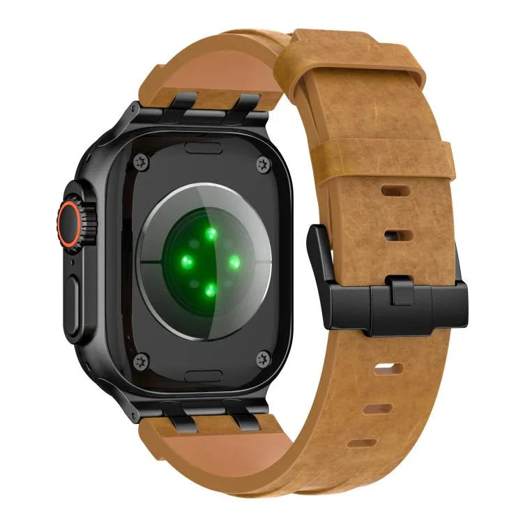 Crazy Horse 비건 가죽 스테인리스 스틸 블랙 버클 시계 밴드, Apple Watch 46mm / 49mm / 45mm / 44mm용