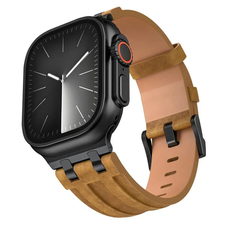 Crazy Horse 비건 가죽 스테인리스 스틸 블랙 버클 시계 밴드, Apple Watch 46mm / 49mm / 45mm / 44mm용