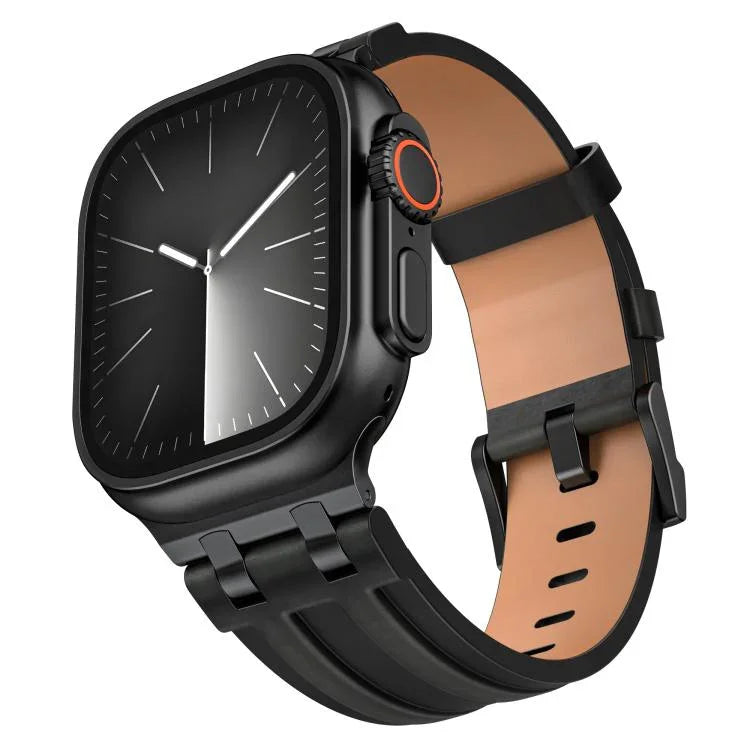 Crazy Horse 비건 가죽 스테인리스 스틸 블랙 버클 시계 밴드, Apple Watch 46mm / 49mm / 45mm / 44mm용