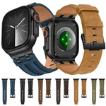 Crazy Horse 비건 가죽 스테인리스 스틸 블랙 버클 시계 밴드, Apple Watch 46mm / 49mm / 45mm / 44mm용