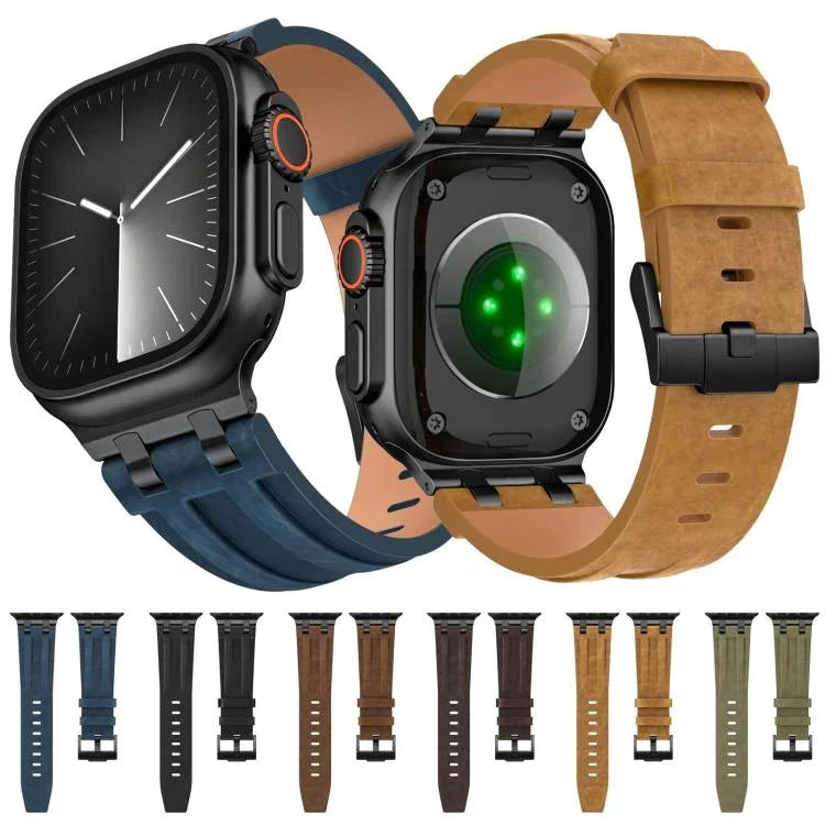 Crazy Horse 비건 가죽 스테인리스 스틸 블랙 버클 시계 밴드, Apple Watch 46mm / 49mm / 45mm / 44mm용