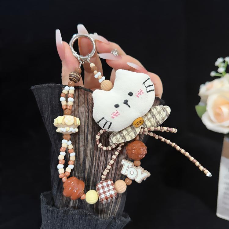 패브릭 새끼 고양이와 봉제 토끼 폰 참, 회색, 흰색