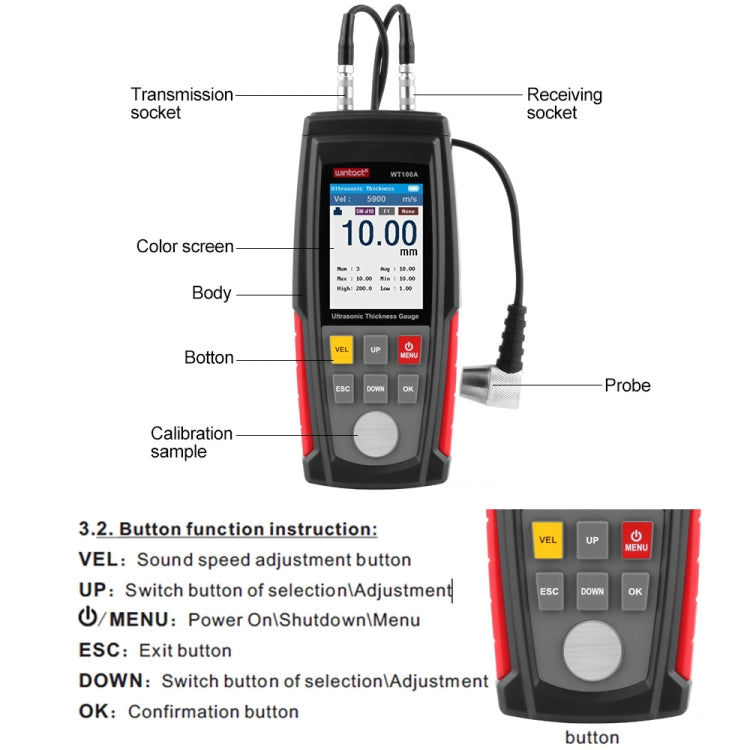 WT100A 디지털 초음파 두께 게이지 미터 테스터 USB 충전 디지털 금속 두께 측정기 고정밀, WT100A