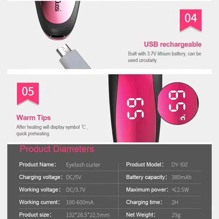Duosi DY-102 휴대용 펜 스타일 전기 가열 롱래스팅 아이언 속눈썹 컬러 USB 충전식 전기 가열 메이크업 컬링 클립