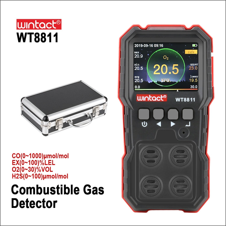 WINTACT WT8811 복합 가스 모니터 LCD 디스플레이 충전식 다기능 4-in-1 가연성 O2 H2S CO 가스 센서 음광 진동 알람