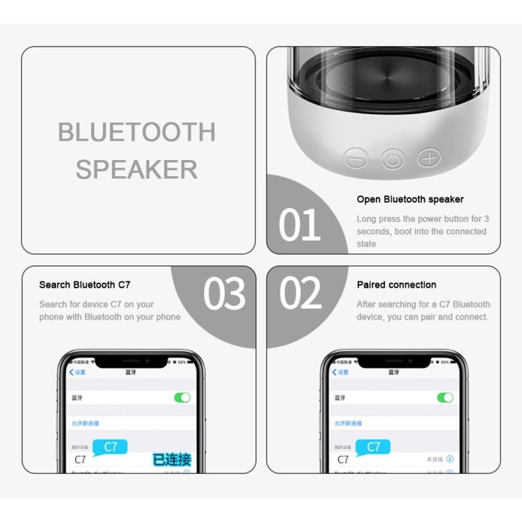 C7 블루투스 5.0 스피커 투명 LED 발광 서브우퍼 TWS 6D 서라운드 HIFI 스테레오 쿨 오디오, C7