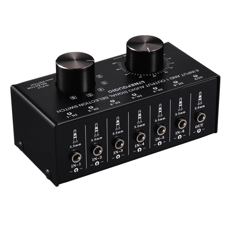 B017 6 입력 1 출력 오디오 신호 선택 스위처 출력 볼륨 조절 컨트롤 3.5mm 인터페이스
