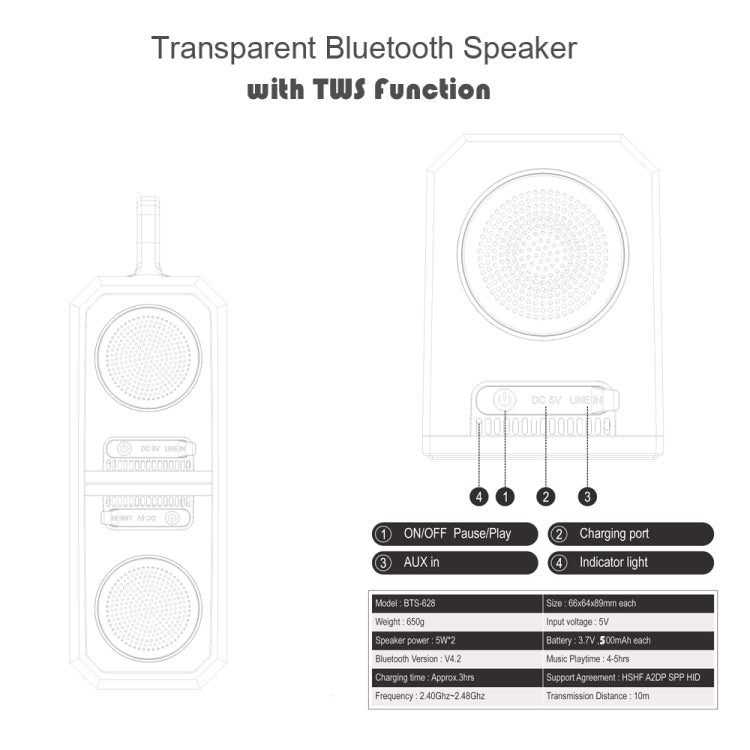BT628 10W 휴대용 TWS 투명 블루투스 스피커 자석 연결 베이스 포함 아웃도어 스테레오 베이스 서브우퍼