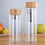 유리 물 차 병 인퓨저 대나무 뚜껑 이중벽 간편 휴대용 야외용 병, 350ML, 450ML