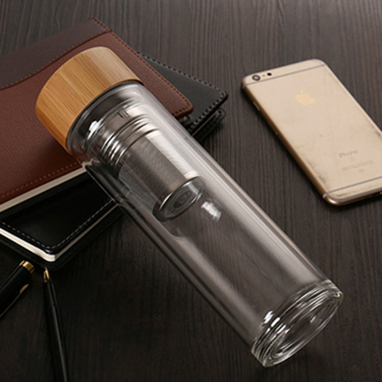 유리 물 차 병 인퓨저 대나무 뚜껑 이중벽 간편 휴대용 야외용 병, 350ML, 450ML