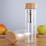 유리 물 차 병 인퓨저 대나무 뚜껑 이중벽 간편 휴대용 야외용 병, 350ML, 450ML