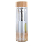 유리 물 차 병 인퓨저 대나무 뚜껑 이중벽 간편 휴대용 야외용 병, 350ML, 450ML